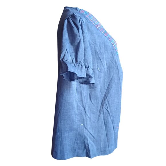 Medium Vintage 1970's Peasant Blouse Plaid Yoke Chambray Denim Tunic Puff Sleeve - Picture 4 of 5